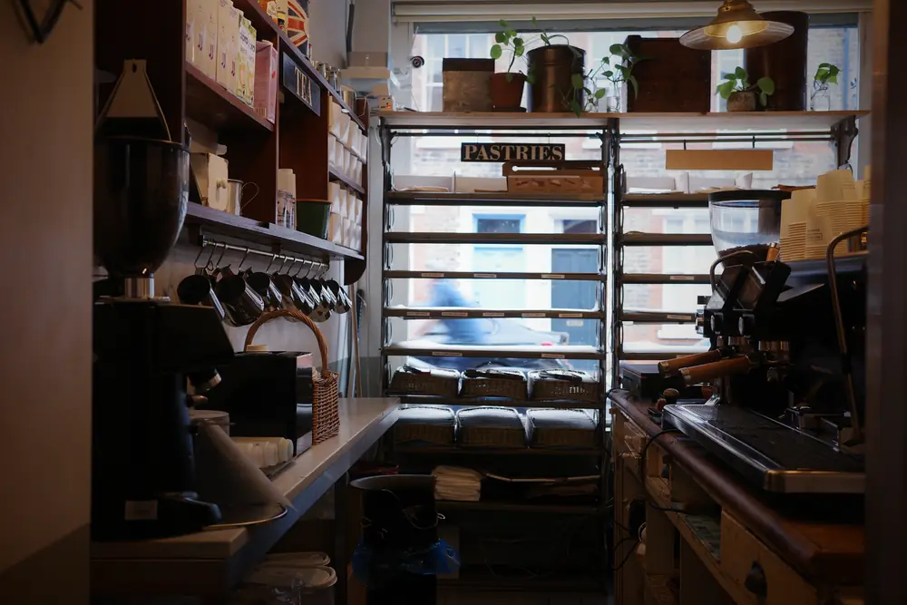 Behind the counter, looking toward the pastry window